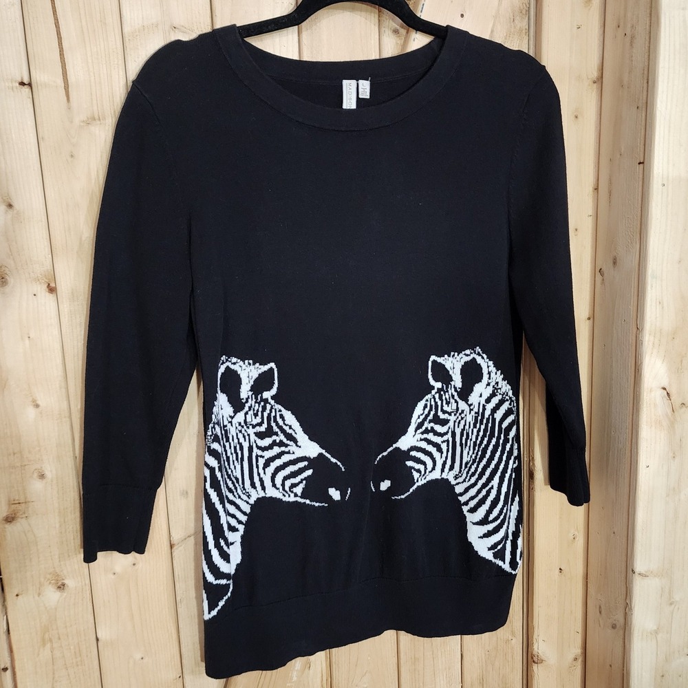 Madison Womens Black White Zebra Graphic Cotton Knit Sweater‎ Size L 3/4 Sleeve